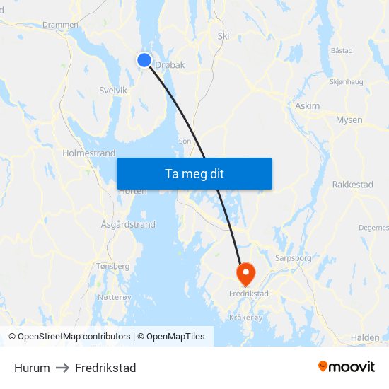 Hurum to Fredrikstad map