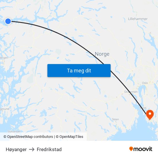 Høyanger to Fredrikstad map