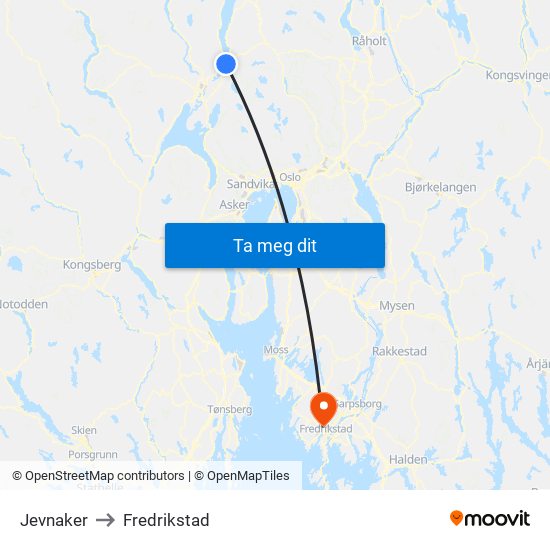 Jevnaker to Fredrikstad map