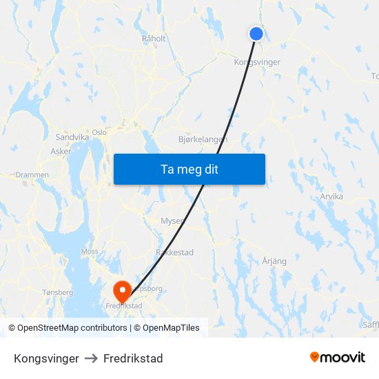 Kongsvinger to Fredrikstad map