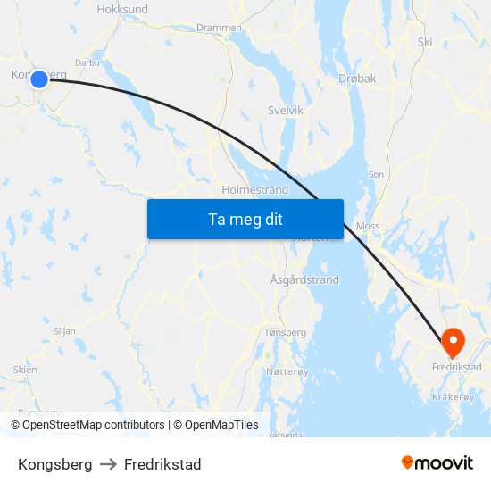 Kongsberg to Fredrikstad map