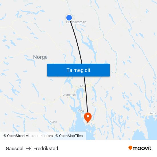 Gausdal to Fredrikstad map