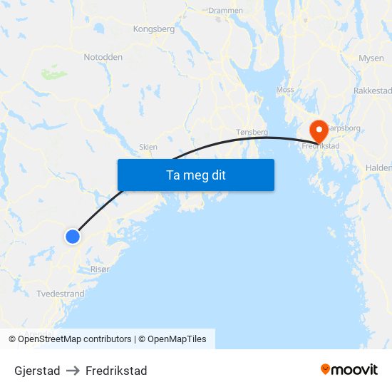 Gjerstad to Fredrikstad map