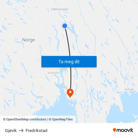 Gjøvik to Fredrikstad map