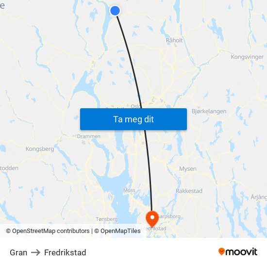 Gran to Fredrikstad map