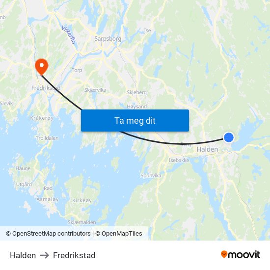 Halden to Fredrikstad map