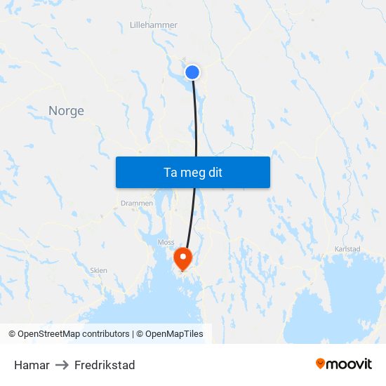 Hamar to Fredrikstad map