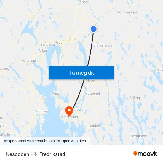 Nesodden to Fredrikstad map