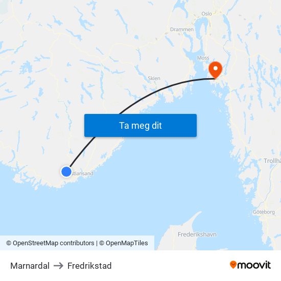 Marnardal to Fredrikstad map