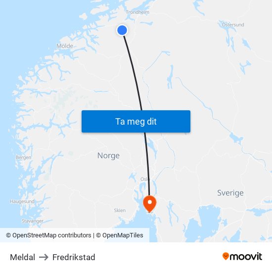 Meldal to Fredrikstad map
