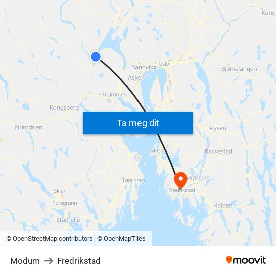 Modum to Fredrikstad map