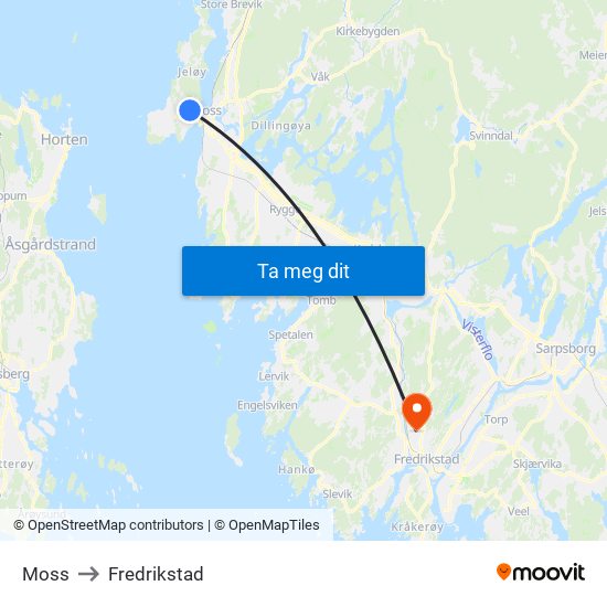 Moss to Fredrikstad map