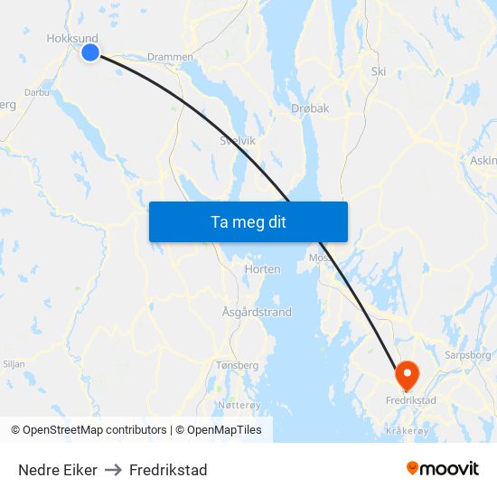 Nedre Eiker to Fredrikstad map