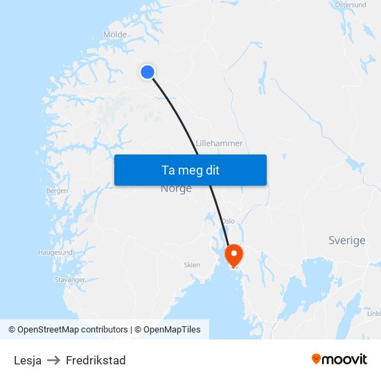 Lesja to Fredrikstad map