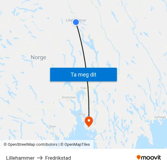 Lillehammer to Fredrikstad map