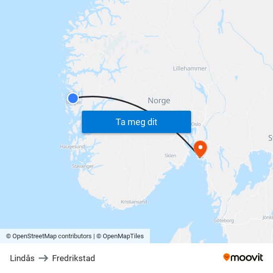 Lindås to Fredrikstad map