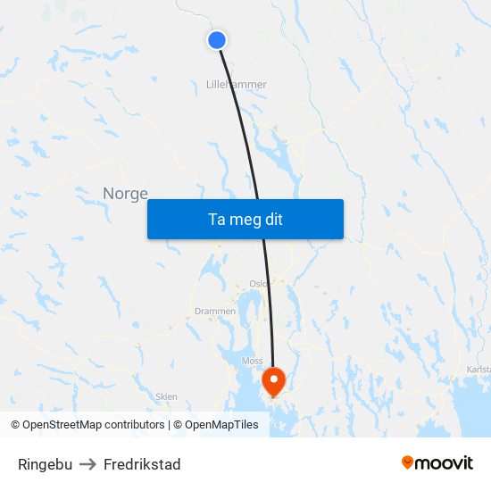 Ringebu to Fredrikstad map