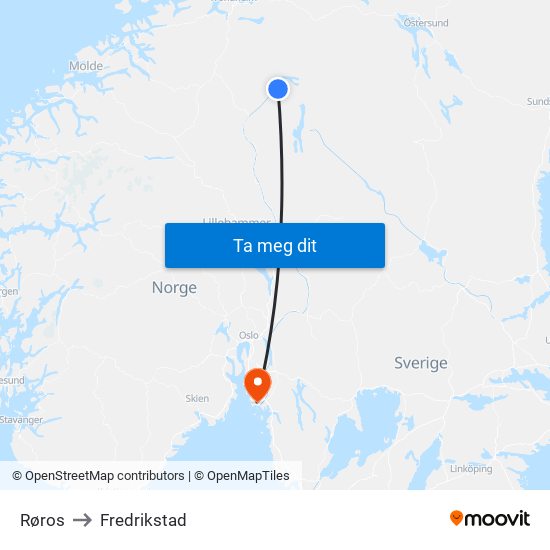 Røros to Fredrikstad map