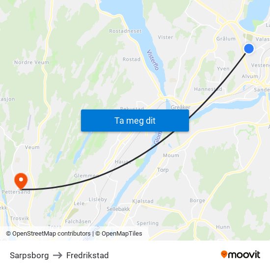Sarpsborg to Fredrikstad map