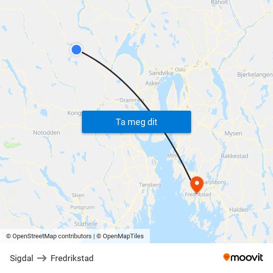 Sigdal to Fredrikstad map