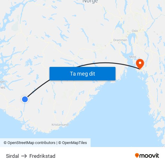 Sirdal to Fredrikstad map