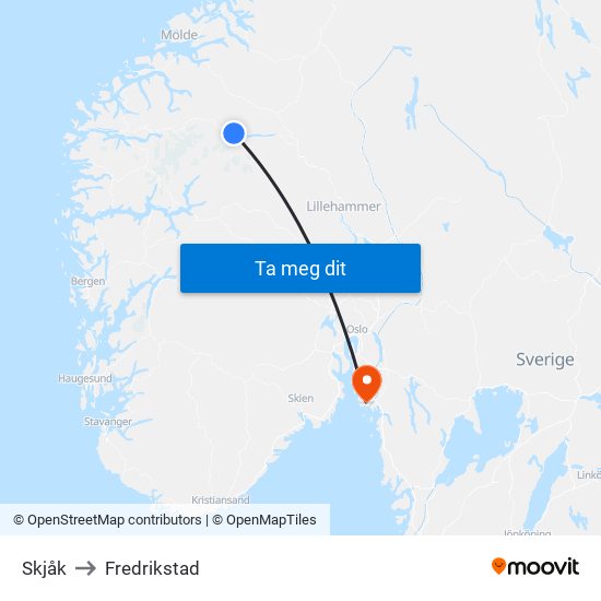 Skjåk to Fredrikstad map