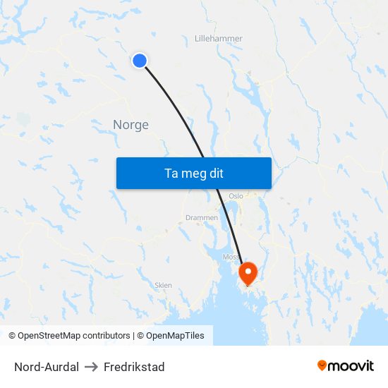 Nord-Aurdal to Fredrikstad map