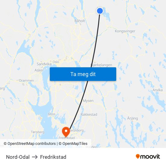 Nord-Odal to Fredrikstad map