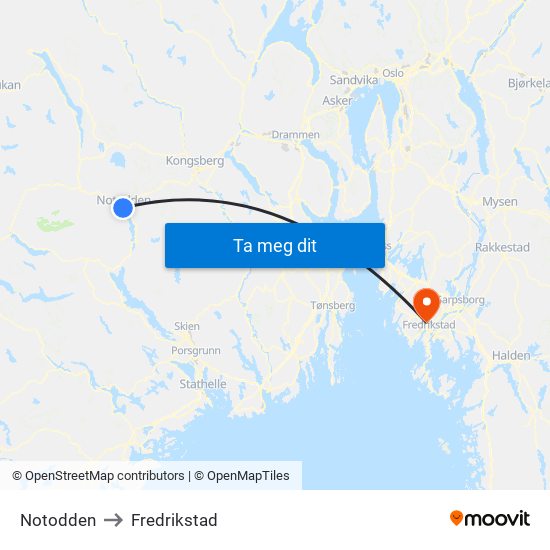 Notodden to Fredrikstad map