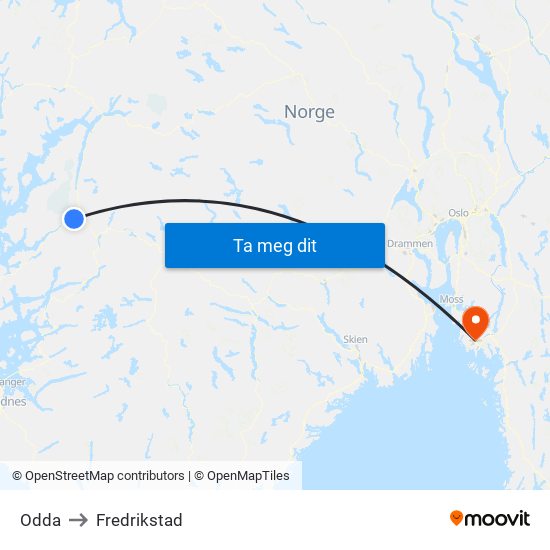 Odda to Fredrikstad map