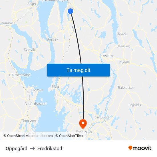 Oppegård to Fredrikstad map