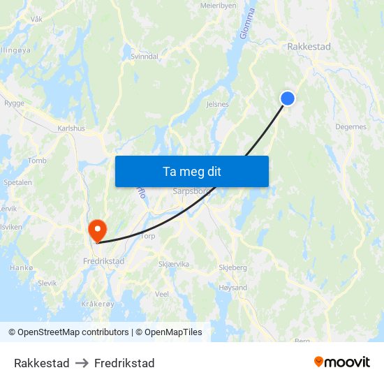 Rakkestad to Fredrikstad map