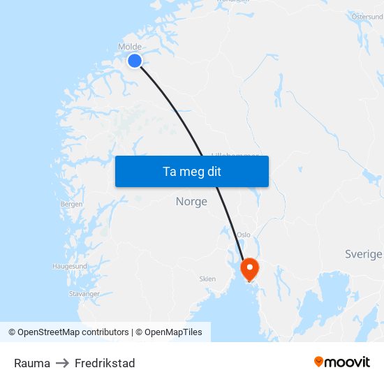 Rauma to Fredrikstad map
