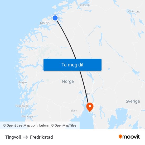 Tingvoll to Fredrikstad map