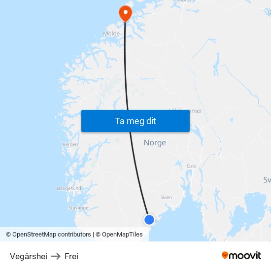 Vegårshei to Frei map