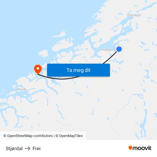 Stjørdal to Frei map