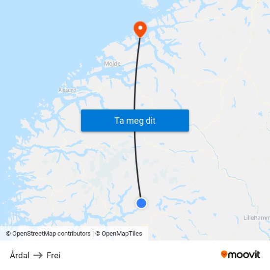 Årdal to Frei map