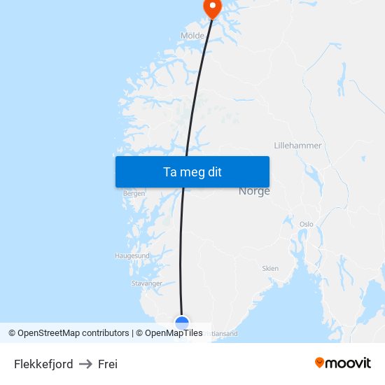 Flekkefjord to Frei map