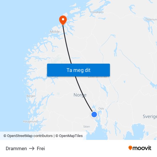 Drammen to Frei map