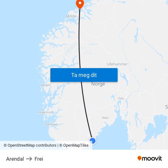 Arendal to Frei map