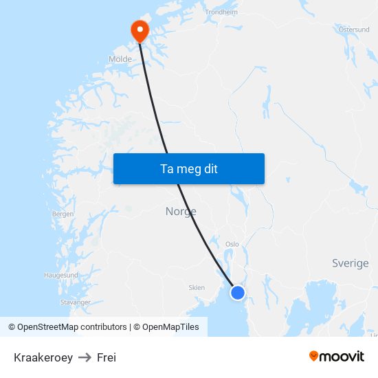 Kraakeroey to Frei map