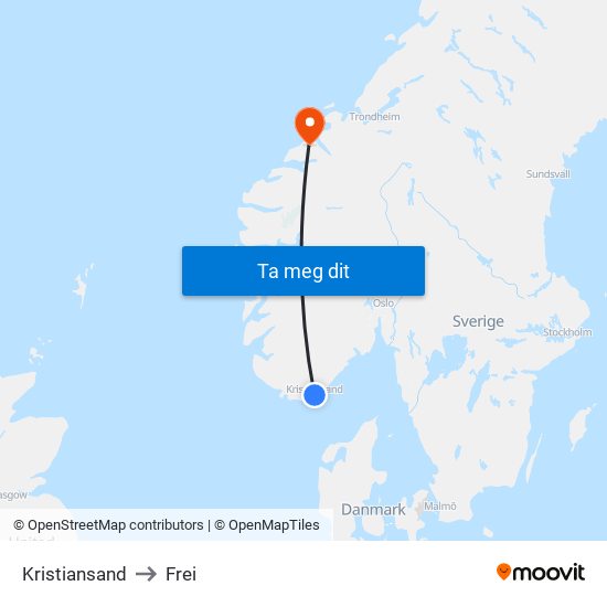 Kristiansand to Frei map