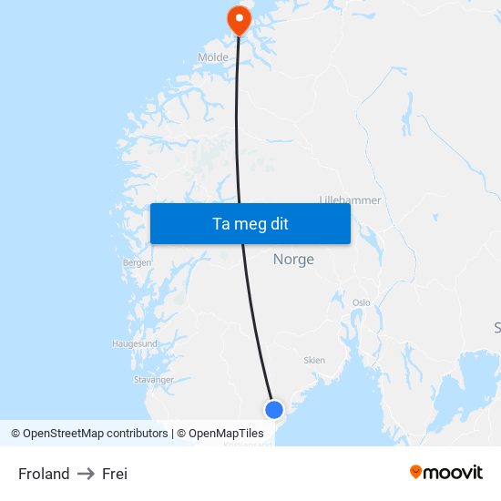 Froland to Frei map