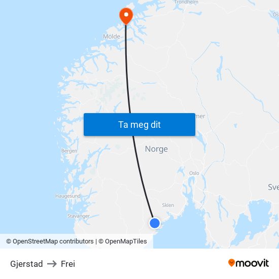Gjerstad to Frei map
