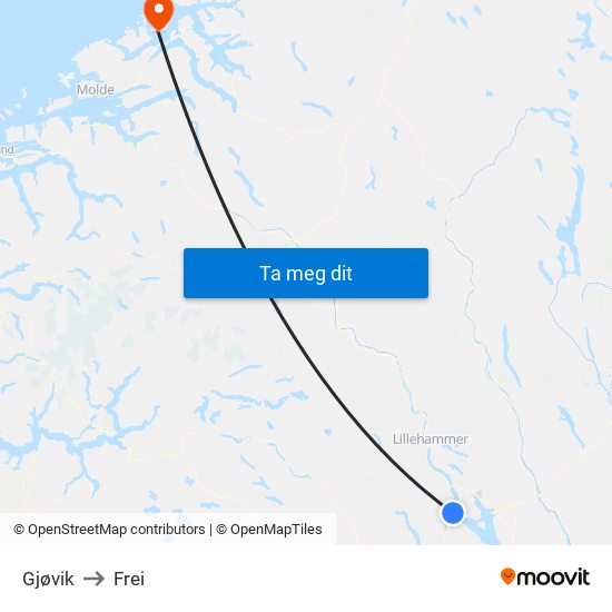 Gjøvik to Frei map