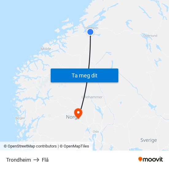 Trondheim to Flå map