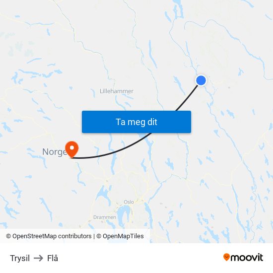 Trysil to Flå map