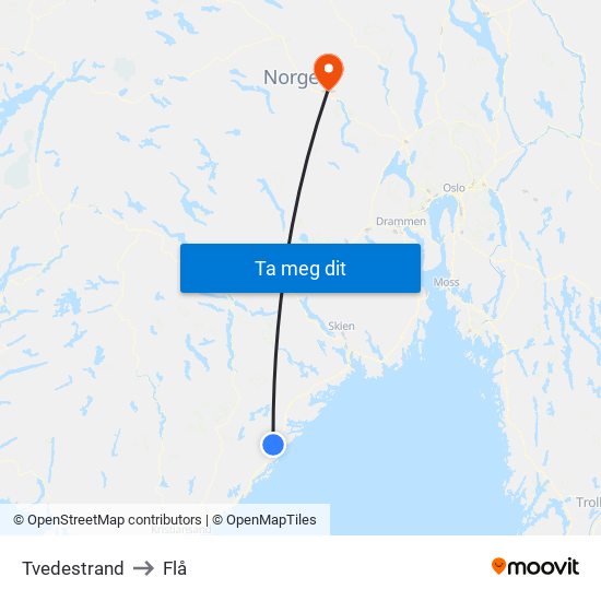 Tvedestrand to Flå map