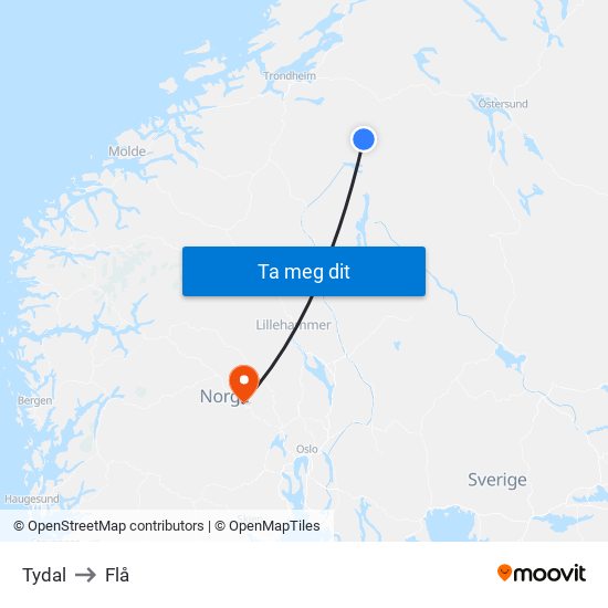 Tydal to Flå map