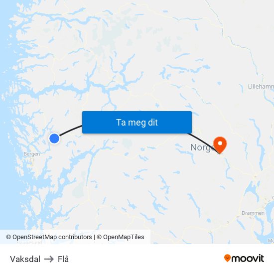 Vaksdal to Flå map